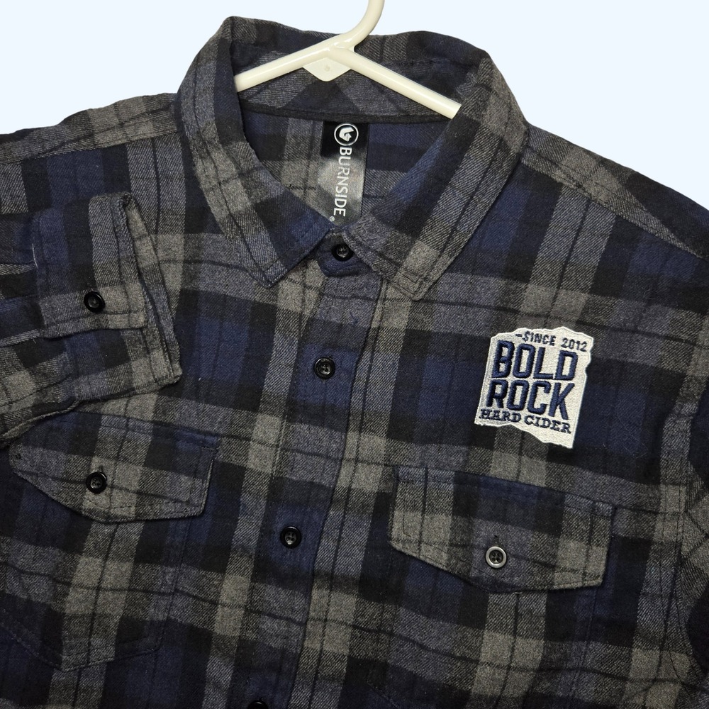 Bold Rock Hard Cider Burnside Navy Grey Plaid Flannel Shirt Mens Medium